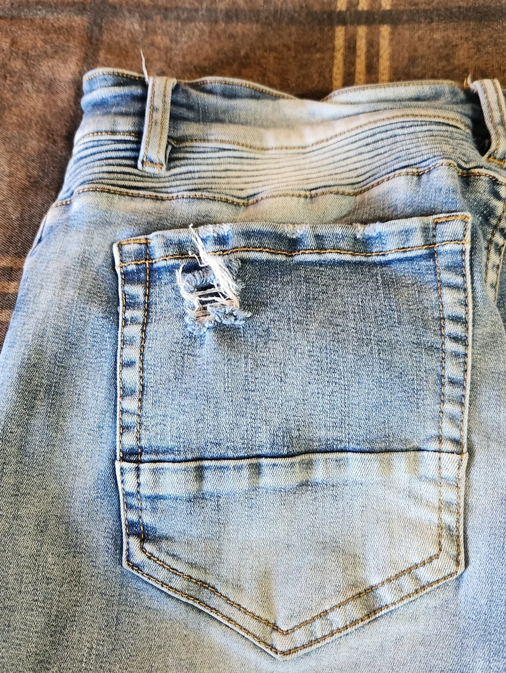 Kilogram Mens Moto Biker Jeans Light Wash Distressed Slim‎ Fit Blue Sz 34 Ribbed
